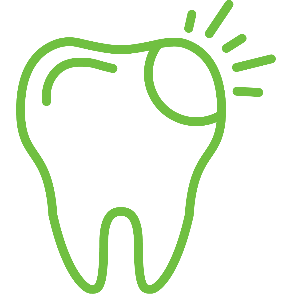 The image shows a stylized, simplistic icon of a tooth with a smiley face drawn on it, accompanied by a light bulb symbolizing an idea or inspiration.