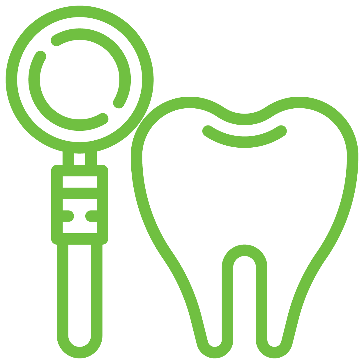 The image features a stylized icon of a tooth with a magnifying glass superimposed on it, suggesting dental examination or care, accompanied by a small green brush-like object, which could be interpreted as a dental tool.