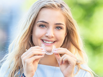 The image shows a smiling woman holding a toothbrush with a visible bristle head. She appears to be outdoors, possibly during daylight hours, given the natural lighting.